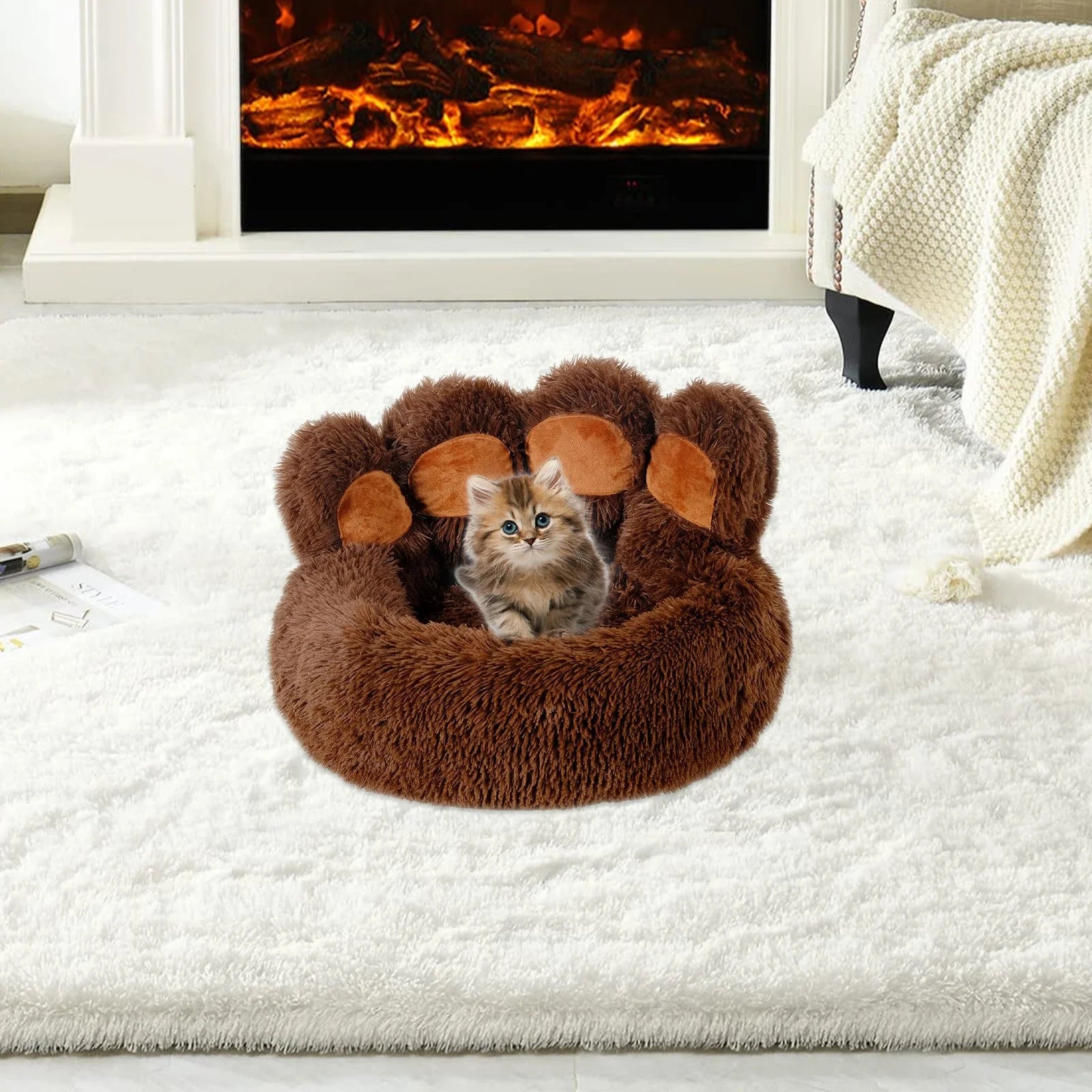 Paw Shape Calming Pet Bed, Plush Faux Fur Donut Bed for Dogs & Cats, Machine Washable, Non-Slip Bottom, Calming Cozy Comfy Small Dog and Cat Bed