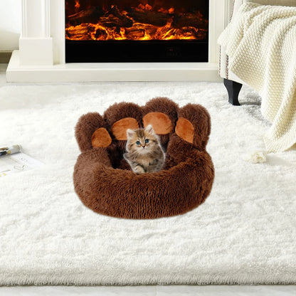Paw Shape Calming Pet Bed, Plush Faux Fur Donut Bed for Dogs & Cats, Machine Washable, Non-Slip Bottom, Calming Cozy Comfy Small Dog and Cat Bed