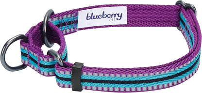 4 Colors 3M Reflective Multi-Colored Stripe Martingale Safety Training Dog Collar, Violet and River Blue, Medium, Heavy Duty Adjustable Collars for Dogs