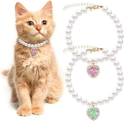 2Pcs Cute Girl Cat Collar, Fancy Dog Pearl Necklace Collars Adjustable Pearl Dog Cats Collars with Small Heart Shape Rhinestone for Small Dogs and Cats, Pink Heart + White Heart