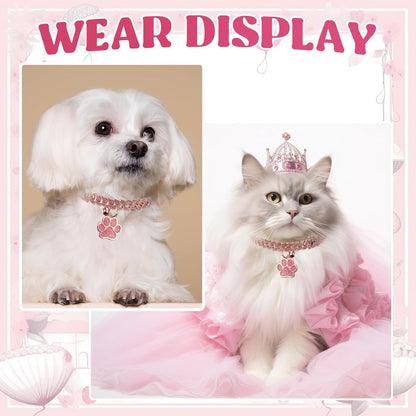 Cat Collar Diamond Chain Glitter Collar Walking Metal with Secure Buckle Cat Pet Necklace with Paw Charm and ID Tag Bell Link Cuban Jewelry Accessories Gift(8 Inch,Rose Gold, Pink)