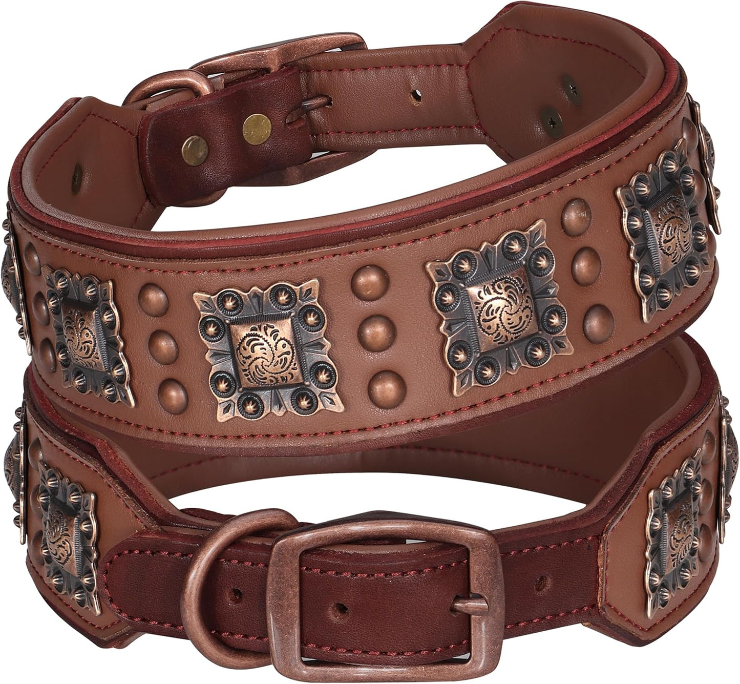 Soft Padded Leather Dog Collar, 2 Inch Wide Genuine Leather Dog Collars with Stylish Studded Rivet & Metal Buckle, Luxury & Adjustable Pet Collars for Medium Dogs,Green,Neck 16-19"