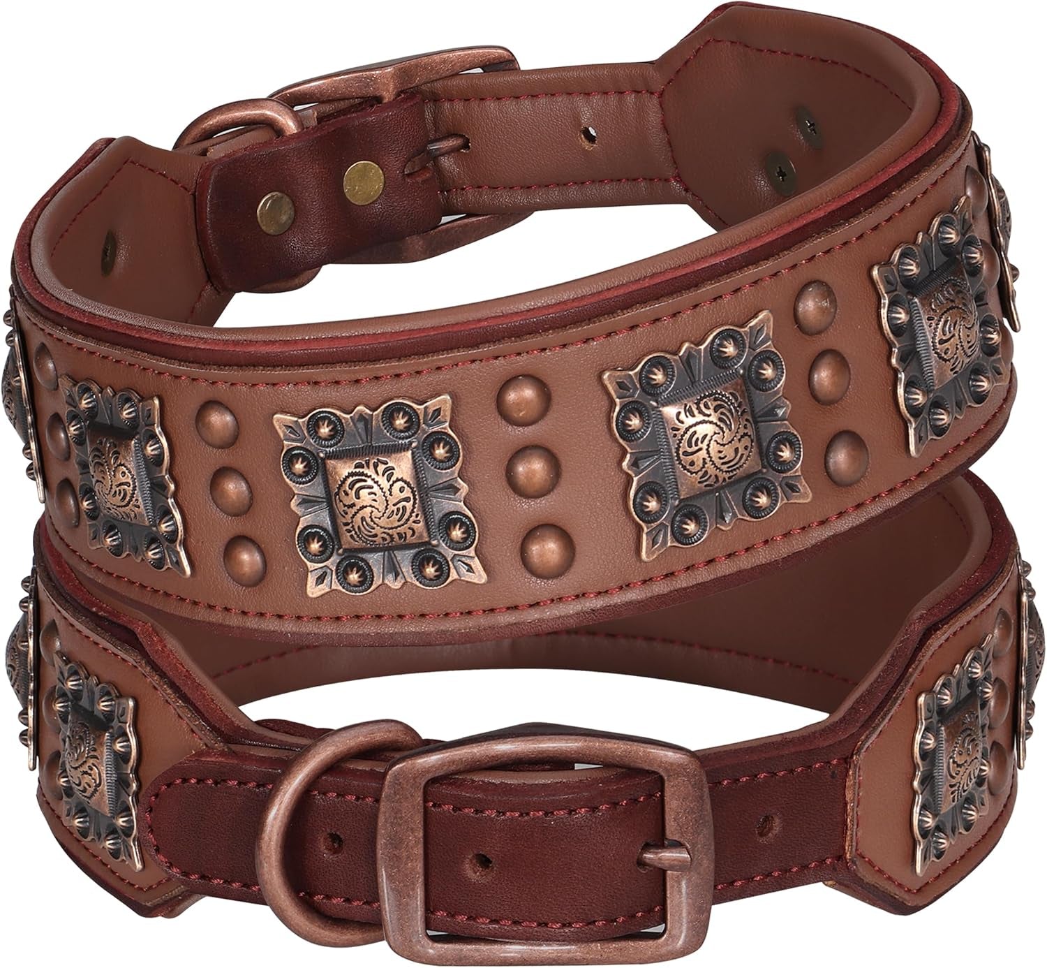 Soft Padded Leather Dog Collar, 2 Inch Wide Genuine Leather Dog Collars with Stylish Studded Rivet & Metal Buckle, Luxury & Adjustable Pet Collars for Medium Dogs,Green,Neck 16-19"