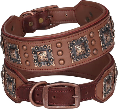 Soft Padded Leather Dog Collar, 2 Inch Wide Genuine Leather Dog Collars with Stylish Studded Rivet & Metal Buckle, Luxury & Adjustable Pet Collars for Medium Dogs,Green,Neck 16-19"