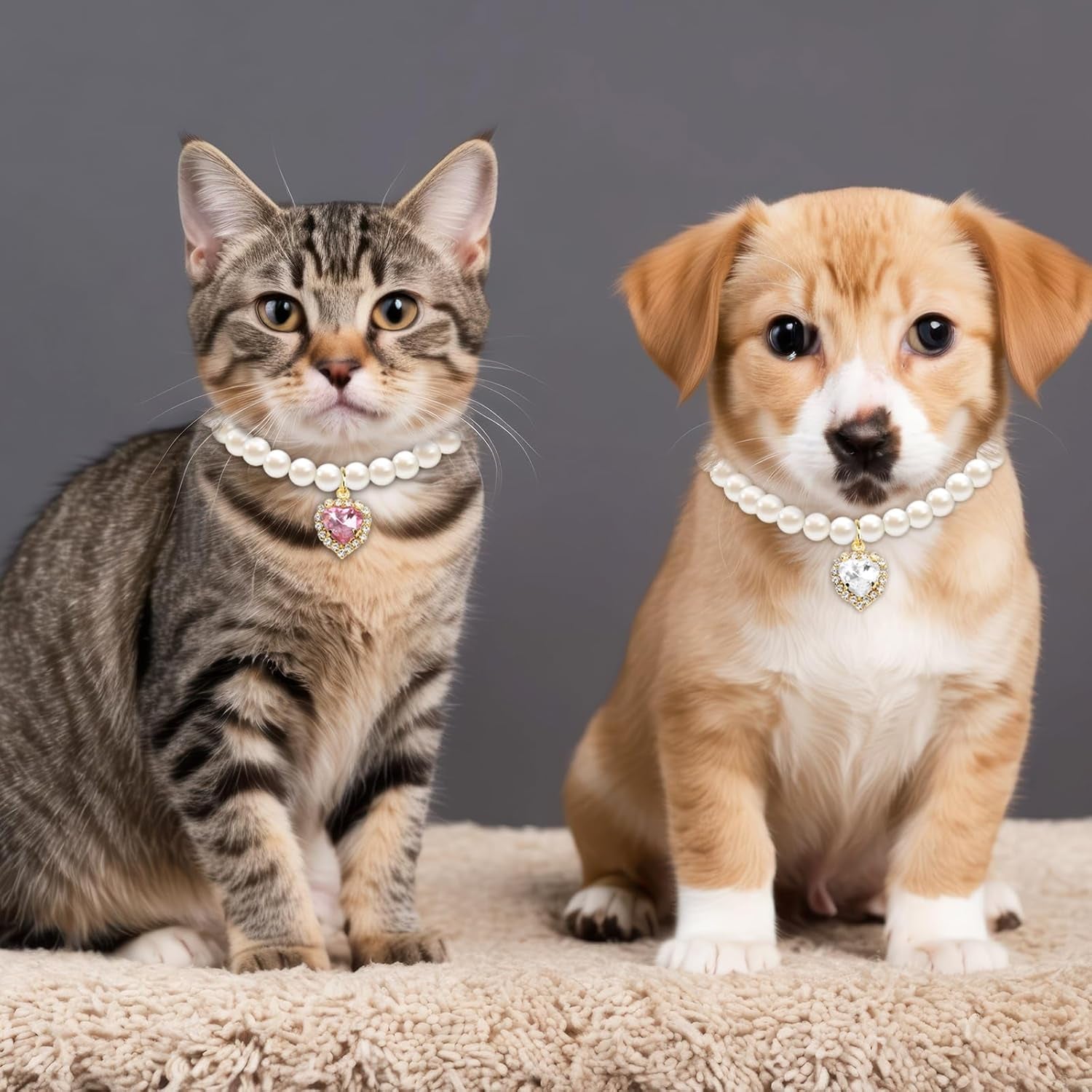2Pcs Cute Girl Cat Collar, Fancy Dog Pearl Necklace Collars Adjustable Pearl Dog Cats Collars with Small Heart Shape Rhinestone for Small Dogs and Cats, Pink Heart + White Heart