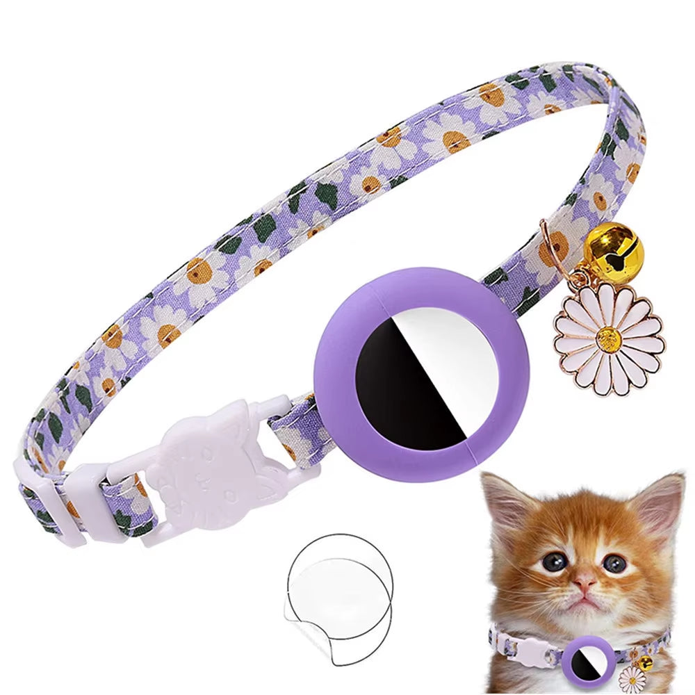 Airtag Case Cat Collar Kitten with Bells and Flower Charm Tracker Adjustable Collars for Kitties and Puppies anti Lost Locator
