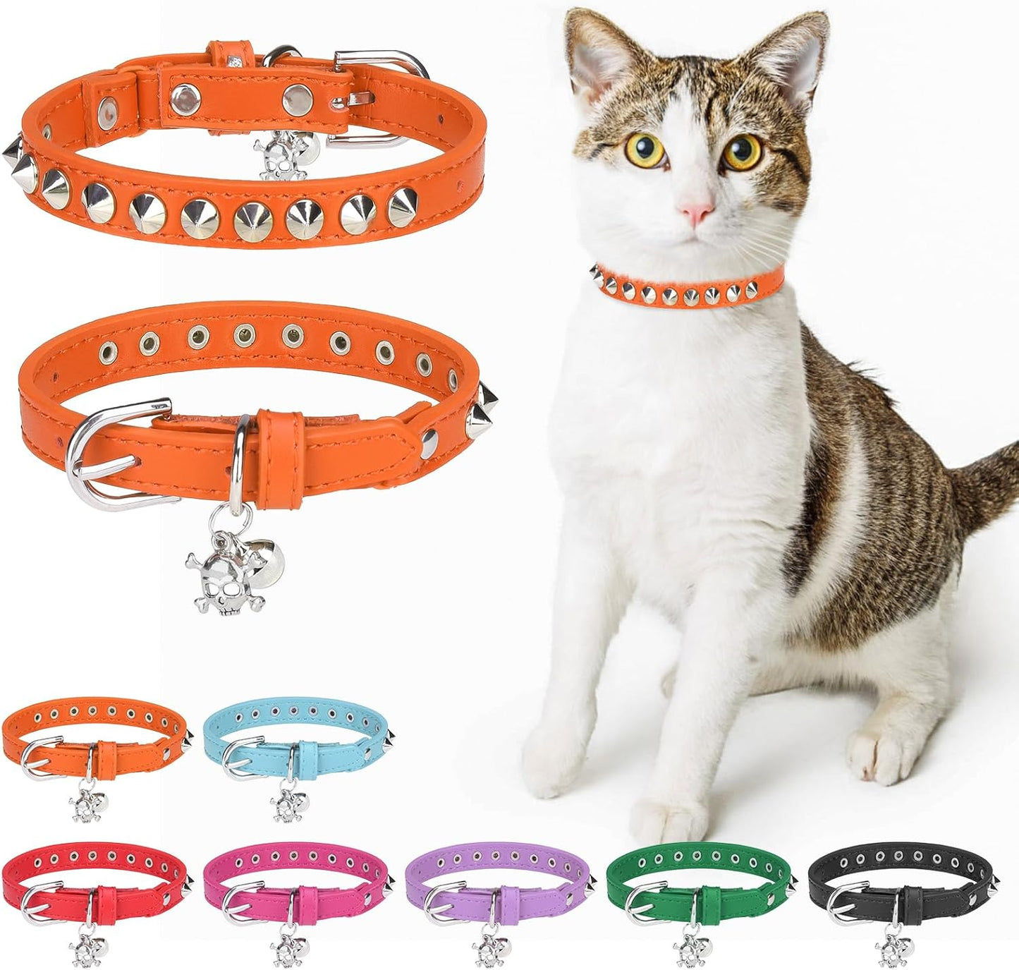 Leather Cat Collars for Boy Girl Cats with Bell and Safety Elastic Belt, Personalized Star and Moon Stud Adjustable Safe Buckle Collar for Kitty Small Big Cats Size 7-9 Inch, Black