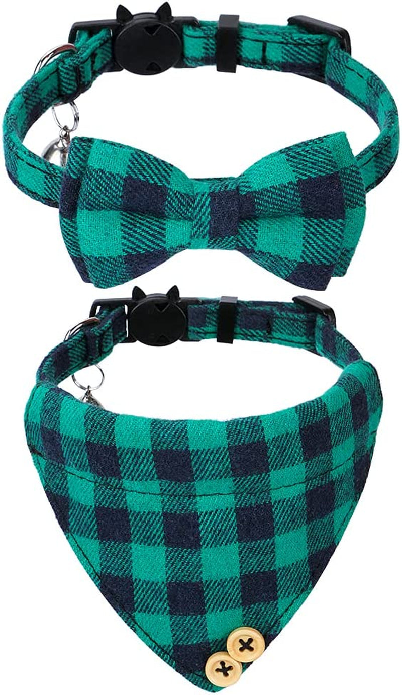 2 Pack/Set Cat Collar with Cute Bow Tie and Bell,Breakaway Plaid Shirt Collar for Kitty Adjustable Safety