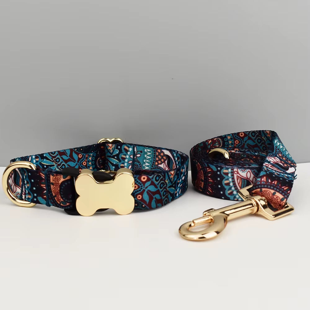 Custom Engraved Ethnic Style Dog Collar with Nameplate for Small Medium Large Dogs Pet Supplies with Matching Leash