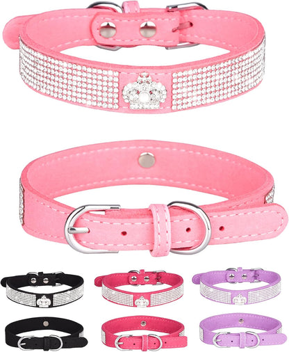 Dog Collar for Small Dogs, Adjustable Leather Suede Bling Dog Collars，Pink Dog Collar Cat Collar, Rhinestone Dog Collar(S, Pink)