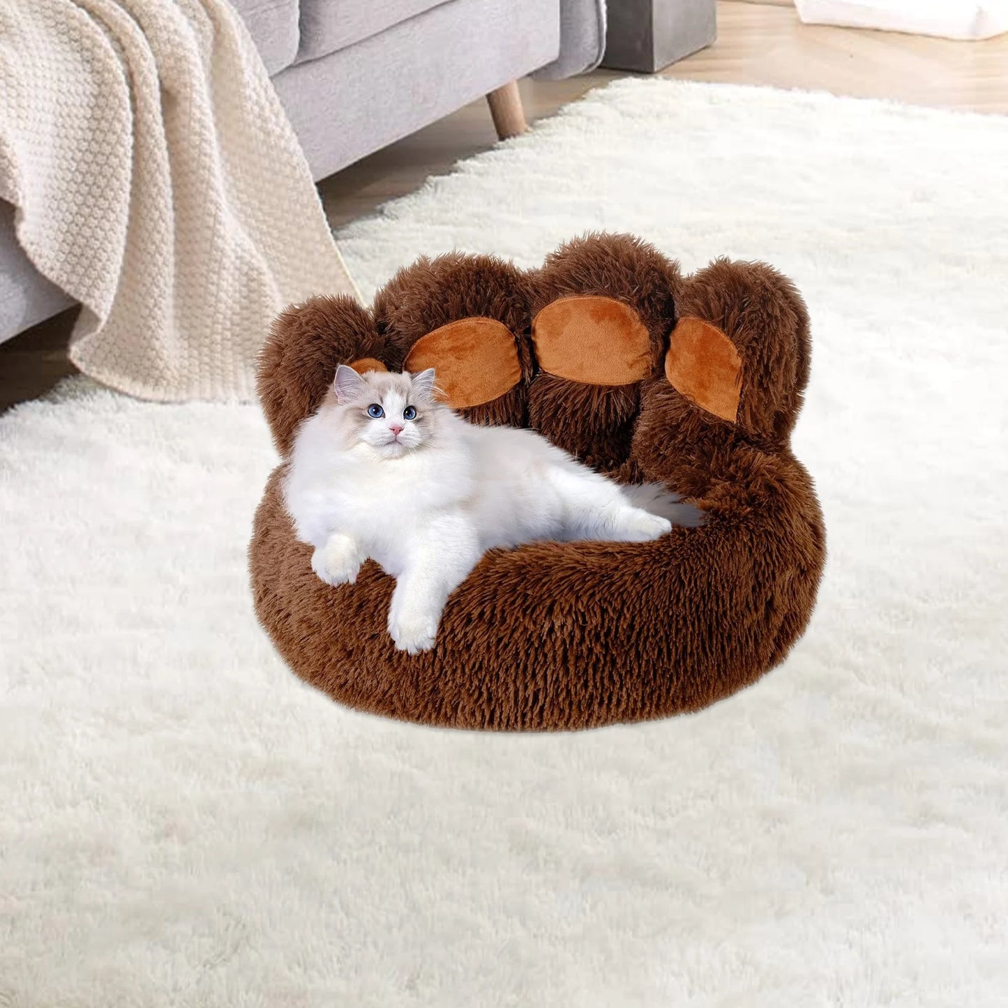 Paw Shape Calming Pet Bed, Plush Faux Fur Donut Bed for Dogs & Cats, Machine Washable, Non-Slip Bottom, Calming Cozy Comfy Small Dog and Cat Bed