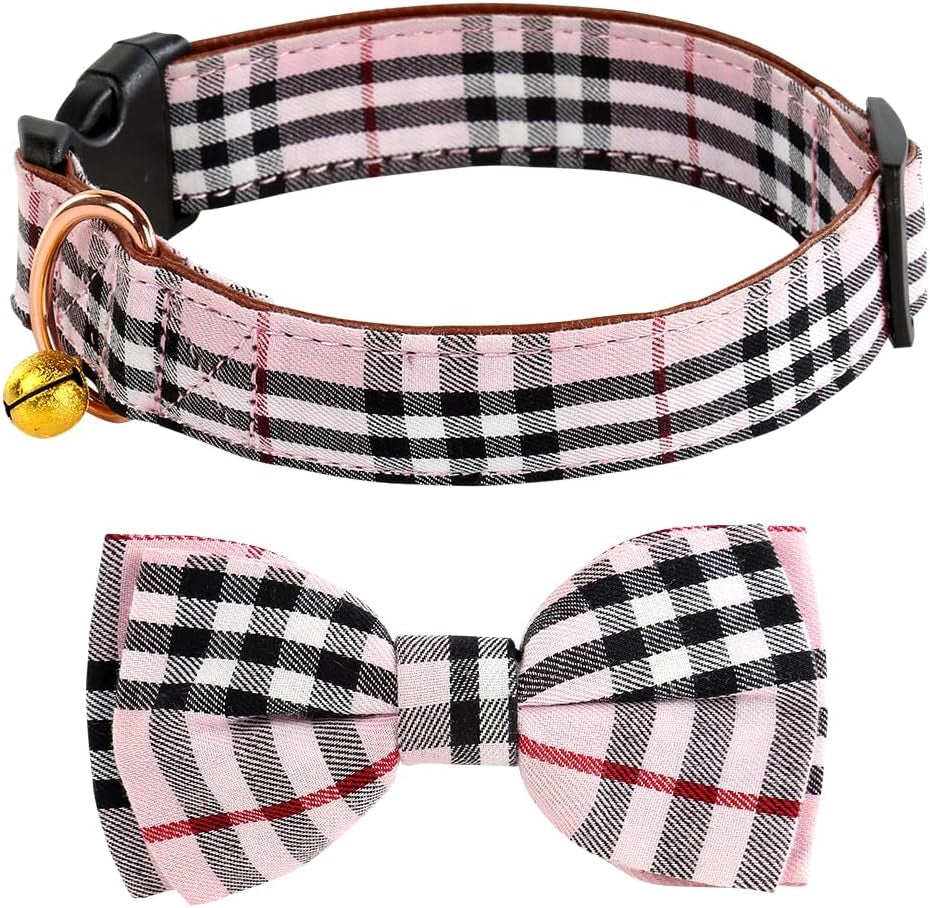 Dog Collar and Leash Set-Plaid Puppy Collar with Bow Tie - Adjustable Pet Collar for Dogs with Bell, Stylish Pattern for Small Medium or Large Boy and Girl Dog