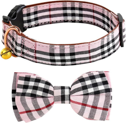 Dog Collar and Leash Set-Plaid Puppy Collar with Bow Tie - Adjustable Pet Collar for Dogs with Bell, Stylish Pattern for Small Medium or Large Boy and Girl Dog