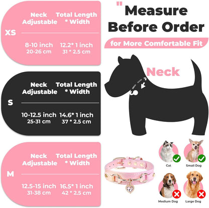 Cute Small Dog Cat Collar, Unique PU Leather - Bling Sparkle in the Sunlit, Puppy Collars with Rhinestone Heart Pendant, Pet Dog Necklace Collar Chihuahua (Pink, XS (Neck 8"-10"))