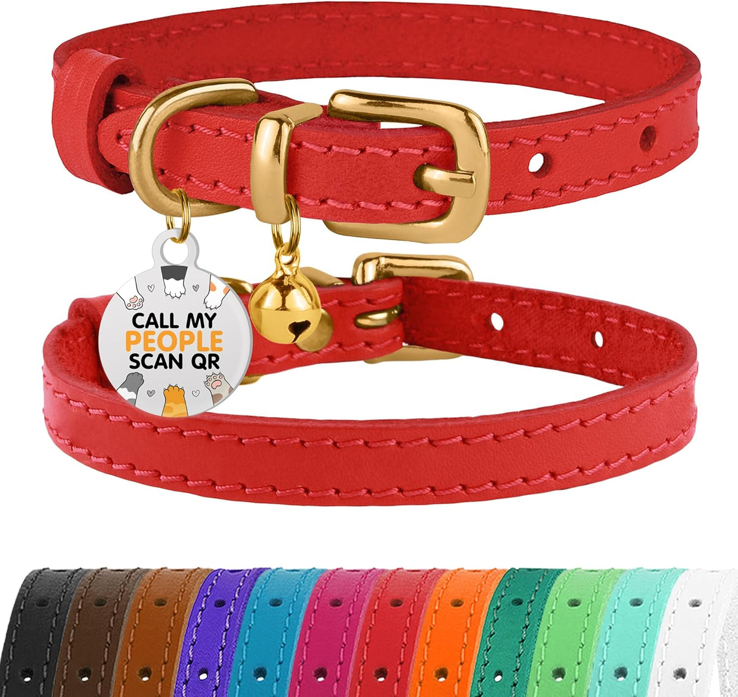Leather Cat Collar with Removable Bells Non Breakaway Kitten QR Tag for Girl Boy (7" - 9" for Cats, Purple & Gold)
