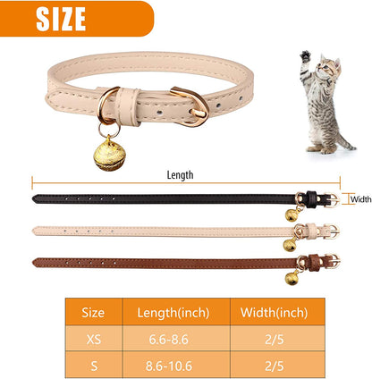 3 Pack Leather Cat Collars with Bells Soft Pet Safety Collar Kitten Collars with Bell Black Chocolate Beige(S)