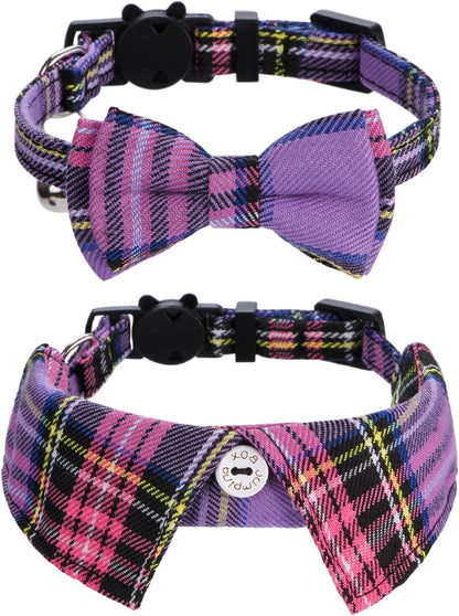 2 Pack/Set Cat Collar with Cute Bow Tie and Bell,Breakaway Plaid Shirt Collar for Kitty Adjustable Safety