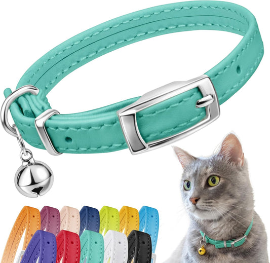 Leather Cat Collar with Removable Bell – Safety Elastic Strap (Breakaway Alternative) – Kitten Collar for Small & Big Boy & Girl Cats