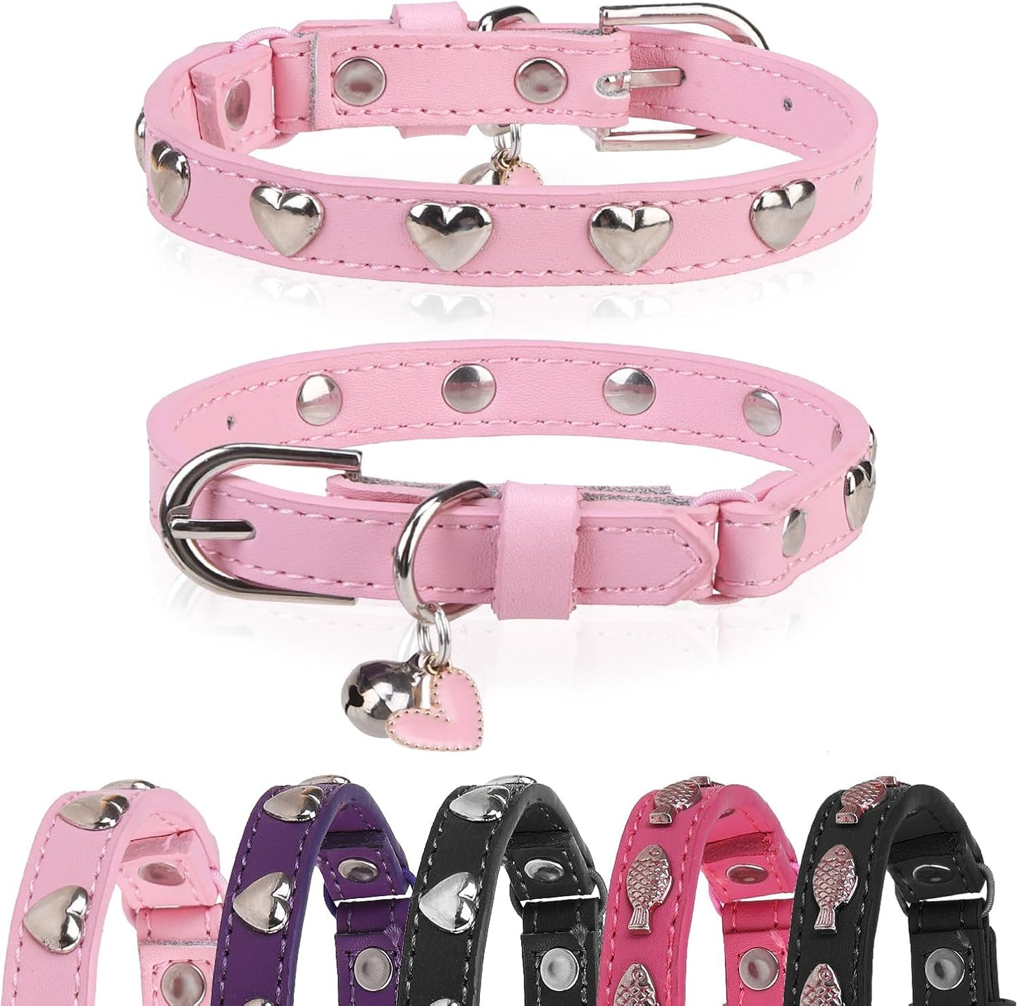 Leather Cat Collars for Boy Girl Cats with Bell and Safety Elastic Belt, Personalized Love and Fish Stud Adjustable Safe Buckle Collar for Kitty Small Big Cats Size 8-11 Inch, Black