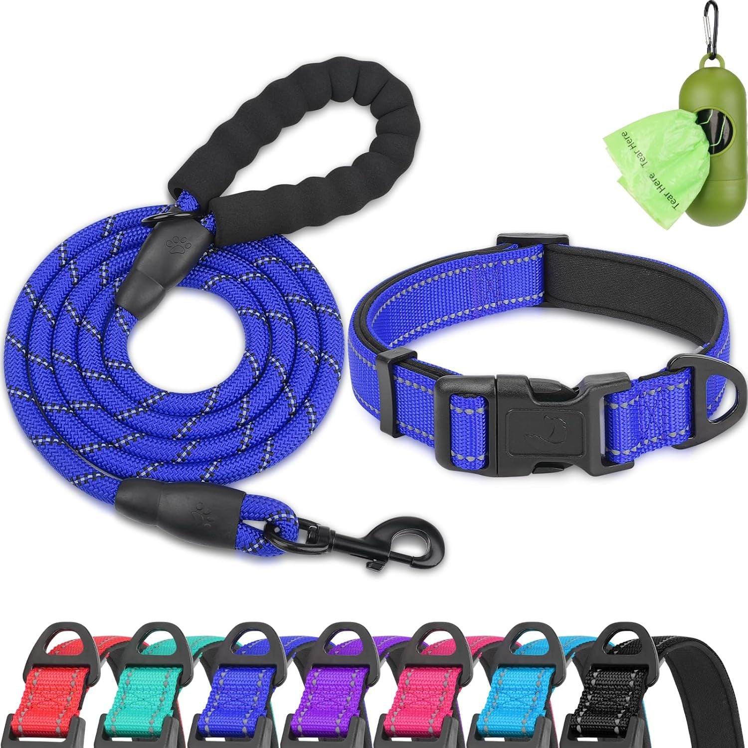 Reflective Dog Collar and Leash Set, 6FT Strong Climbing Rope Leash with Padded Handle, Adjustable Pet Collar with Soft Neoprene Padding for Large Dogs, Teal, L
