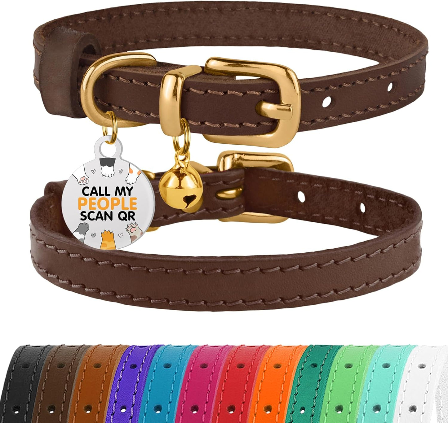 Leather Cat Collar with Removable Bells Non Breakaway Kitten QR Tag for Girl Boy (7" - 9" for Cats, Purple & Gold)