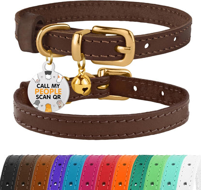 Leather Cat Collar with Removable Bells Non Breakaway Kitten QR Tag for Girl Boy (7" - 9" for Cats, Purple & Gold)