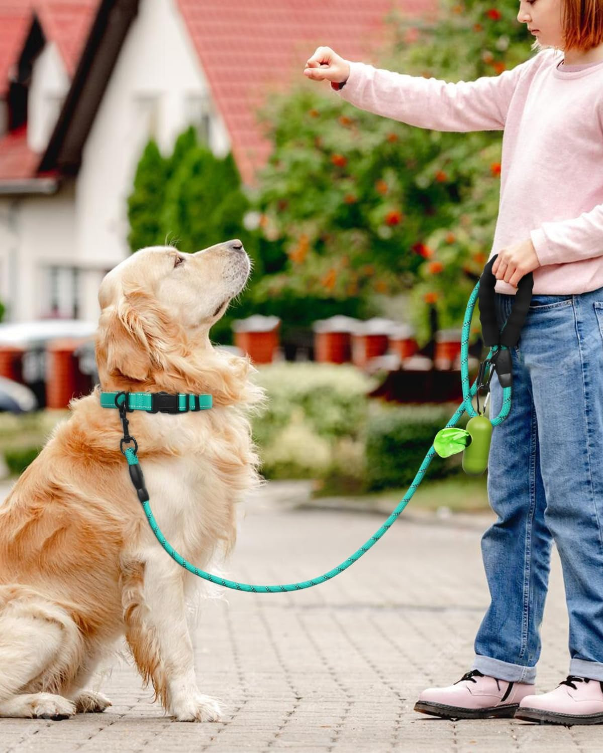 Reflective Dog Collar and Leash Set, 6FT Strong Climbing Rope Leash with Padded Handle, Adjustable Pet Collar with Soft Neoprene Padding for Large Dogs, Teal, L