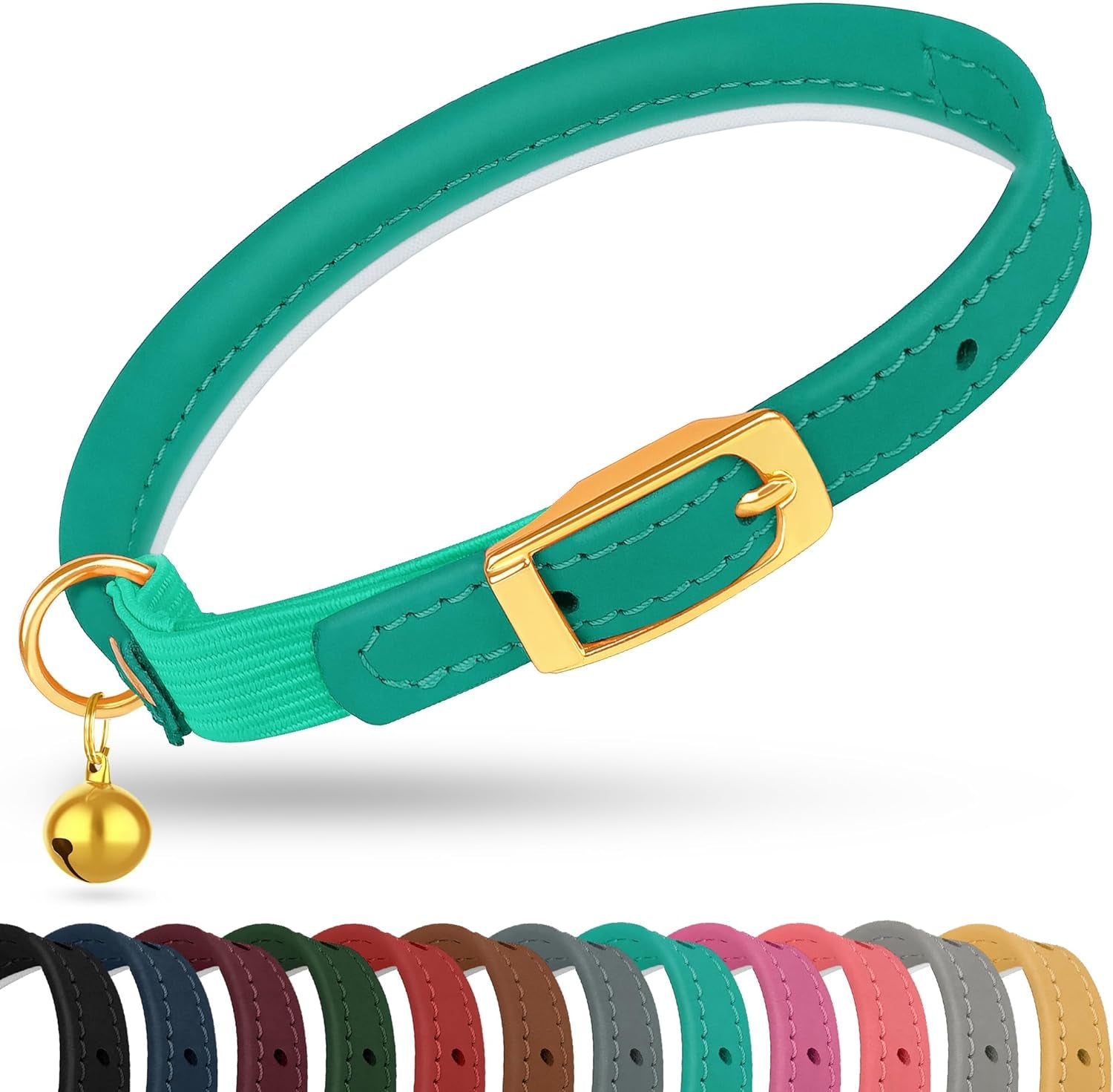 Rolled Leather Cat Collar with Bell - Reflective Kitten Collar with Safety Elastic Strap - Adjustable Small Pet Collars for Boy Girl Cats (Fuchsia)