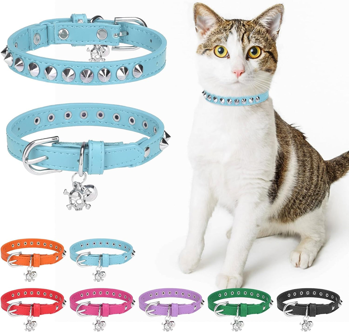 Leather Cat Collars for Boy Girl Cats with Bell and Safety Elastic Belt, Personalized Star and Moon Stud Adjustable Safe Buckle Collar for Kitty Small Big Cats Size 7-9 Inch, Black
