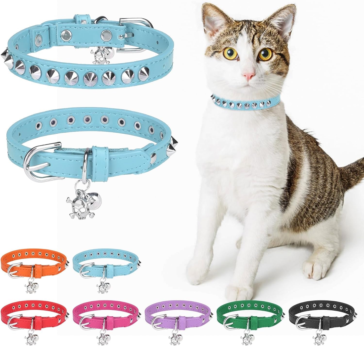 Leather Cat Collars for Boy Girl Cats with Bell and Safety Elastic Belt, Personalized Star and Moon Stud Adjustable Safe Buckle Collar for Kitty Small Big Cats Size 7-9 Inch, Black
