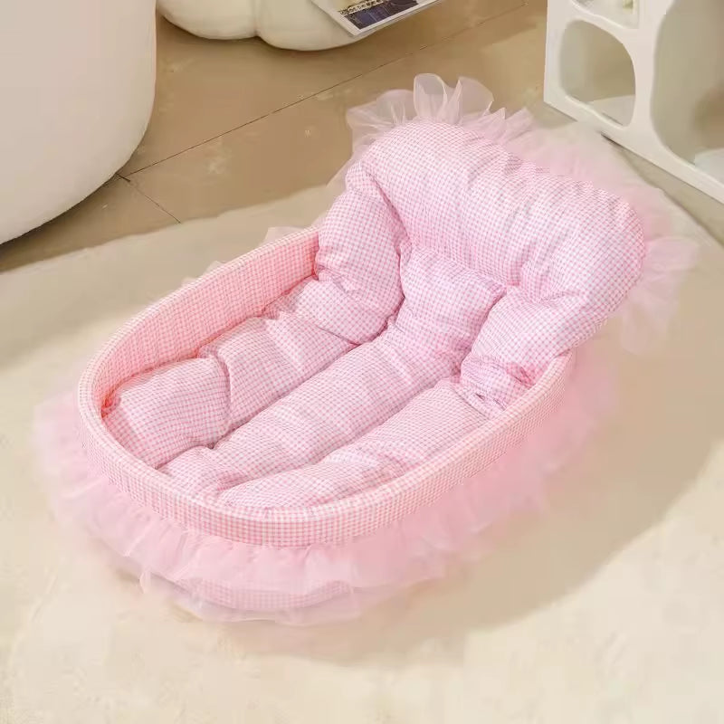 1Set Cute Lace-Trimmed Pet Princess Bed for Winter - Soft Polyester Plush Oval for Small Dogs/Cats, Easy Assembly Indoor Use