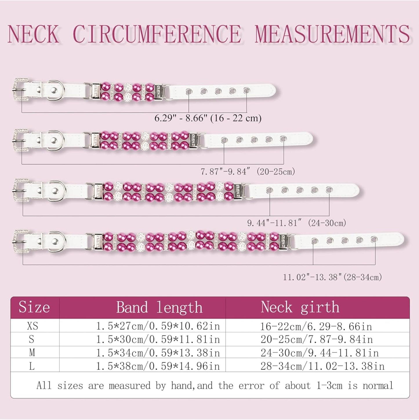 Luxury Pearl Pet Collar with Crystal Accents, Adjustable White Leather Strap, Rhinestone Decorative Design for Dogs and Cats (Fuchsia, XS(6"-8.8"))