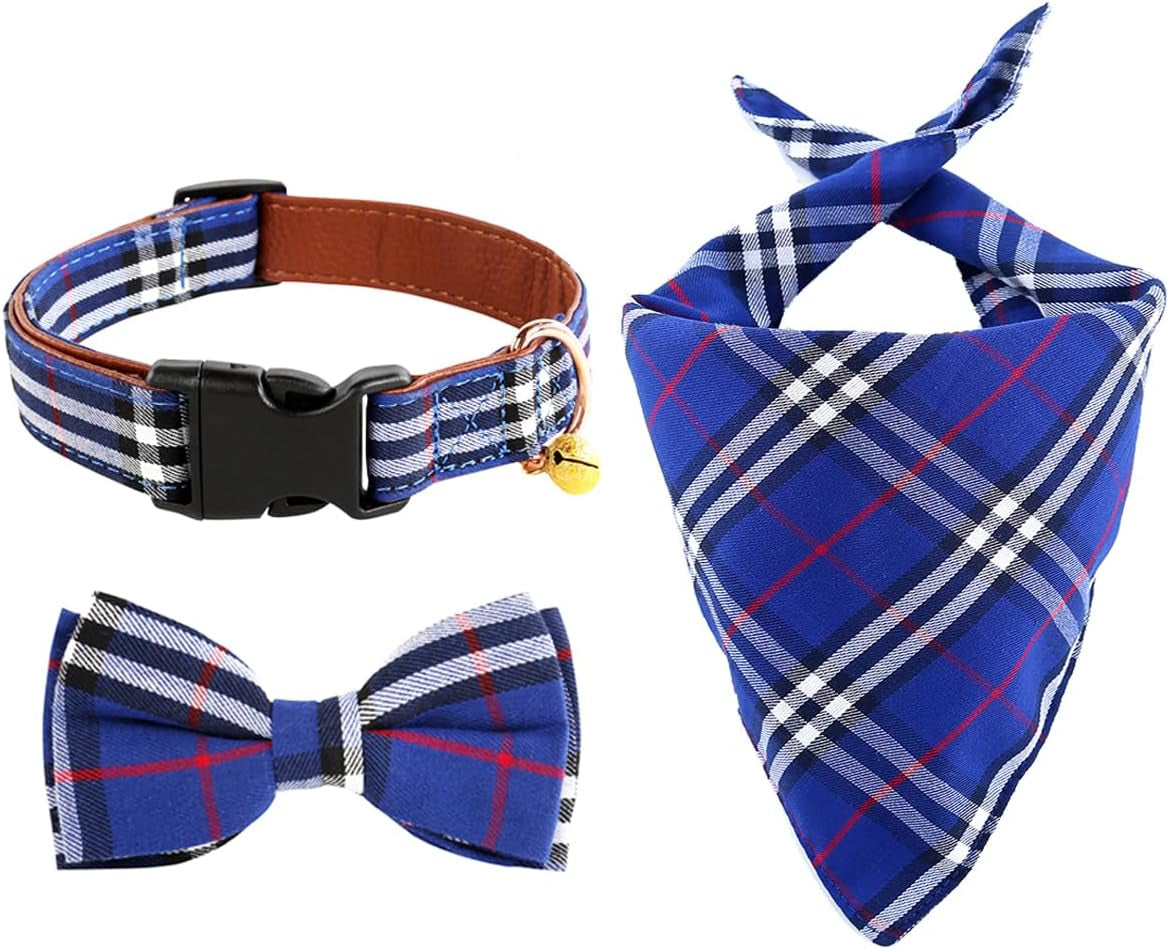 Dog Collar and Leash Set-Plaid Puppy Collar with Bow Tie - Adjustable Pet Collar for Dogs with Bell, Stylish Pattern for Small Medium or Large Boy and Girl Dog