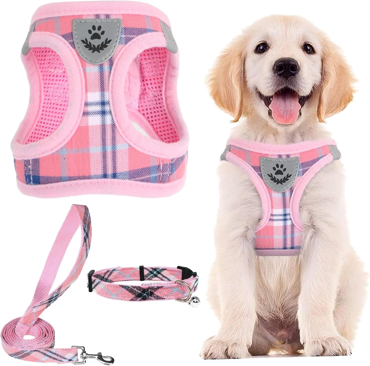 Adjustable Pet Harness Collar &Leash Set Step in for Small Dogs Puppy &Cats Outdoor Training &Running, Soft Mesh Padded Reflective Vest Harness,M: Chest Girth: 16-18In Collar: 11.8-15.7In