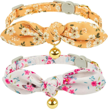 Cotton Bowtie Cat Collar with Bell 2 Pack Adjustable Breakaway Kitten Collars with Removeable Bow Pink Girl Cat Collars