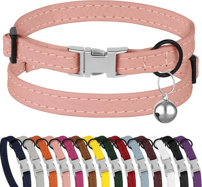 Leather Cat Collar with Buckle and Removable Bell - Non Breakaway Adjustable Soft Safety Small Pet Collars for Girl Boy Cats Kitten (Black)