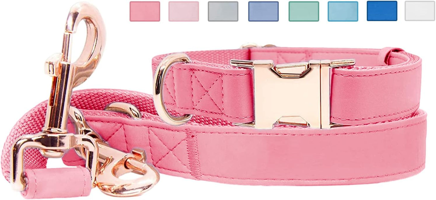 Soft Leather Dog Collar and Leash (6.6') Set - Stylish Rose Gold Heavy Duty Metal Buckle, 4 Adjustable Lengths Leash for Small Medium Large Dogs - Comfortable & Easy to Clean Pink M(13.8"-19.7")