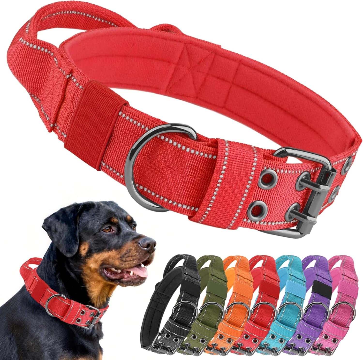 Tactical Dog Collar with Control Handle, Military Adjustable Pet Collar Reflective Heavy Metal Buckle Dog Collar, Soft Nylon Training Collar for Medium Large Dogs (Blue, Large)