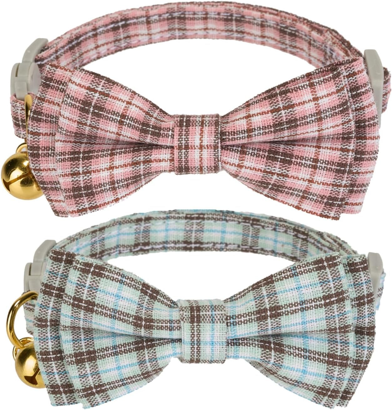2 Pack Soft Corduroy Cat Collars with Bow Tie & Bell, Adjustable Breakaway Cotton Kitty Bowtie Collar for Girl Boy Kitten (Orange & Green)