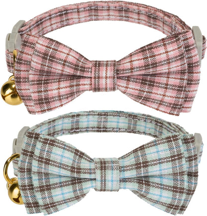 2 Pack Soft Corduroy Cat Collars with Bow Tie & Bell, Adjustable Breakaway Cotton Kitty Bowtie Collar for Girl Boy Kitten (Orange & Green)