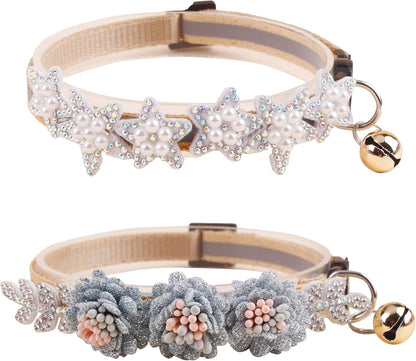 2 Pack Cat Collar Pink Floral with Bell and Removable Flower Bowtie Breakaway Adjustable Cat Collar for Girl Kitten Puppy Small Cats Dogs Daily Decoration (XQ8-3)