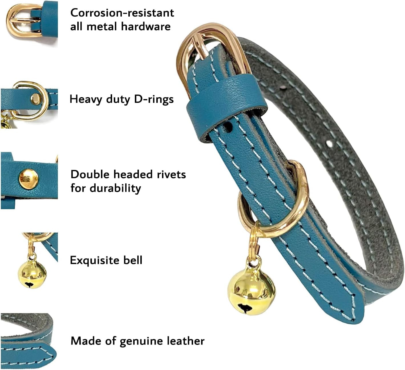 Leather Collar for Puppy, Cute Soft Thin Dogs Collars for Small Medium Dogs, Cat Collar with Bell (Blue, XS, 9"-12")