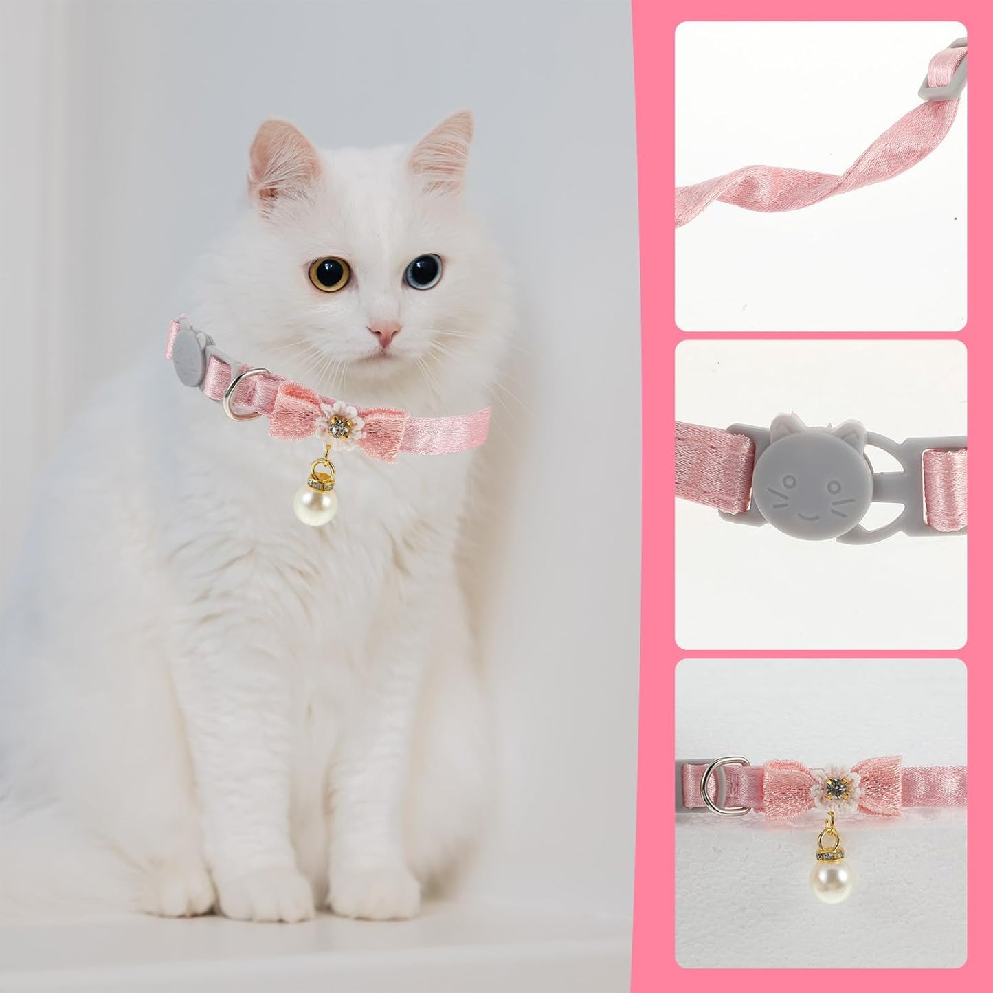 Cat Collar Breakaway, Cat Collar with Pearl Pendant Quick Release Safe Buckle Pink Bowtie Adjustable Baby Kitten Collars Cute Cat Collar for Girl Cat (Style2)
