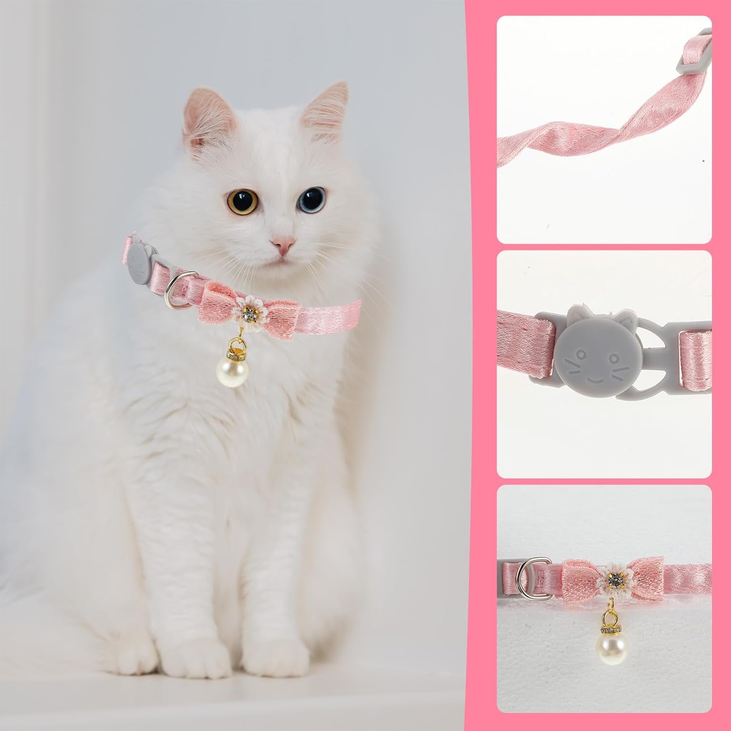 Cat Collar Breakaway, Cat Collar with Pearl Pendant Quick Release Safe Buckle Pink Bowtie Adjustable Baby Kitten Collars Cute Cat Collar for Girl Cat (Style2)