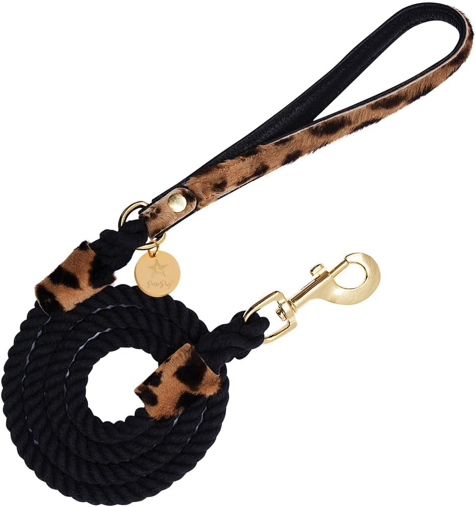 5Ft Braided Cotton Rope Leash with Soft Padded Genuine Leather Handle for Dogs - Handmade Comfort & Cute - Orange | Blue