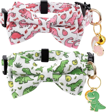 2 Pack Cotton Cat Collar with Bow Tie and Bell for Male Female Cats,Soft Fancy Breakaway Kitty Kitten Collar with Ghost& Pumpkin Patterned Design for Boy Girl Cats. (Cow&Heart)