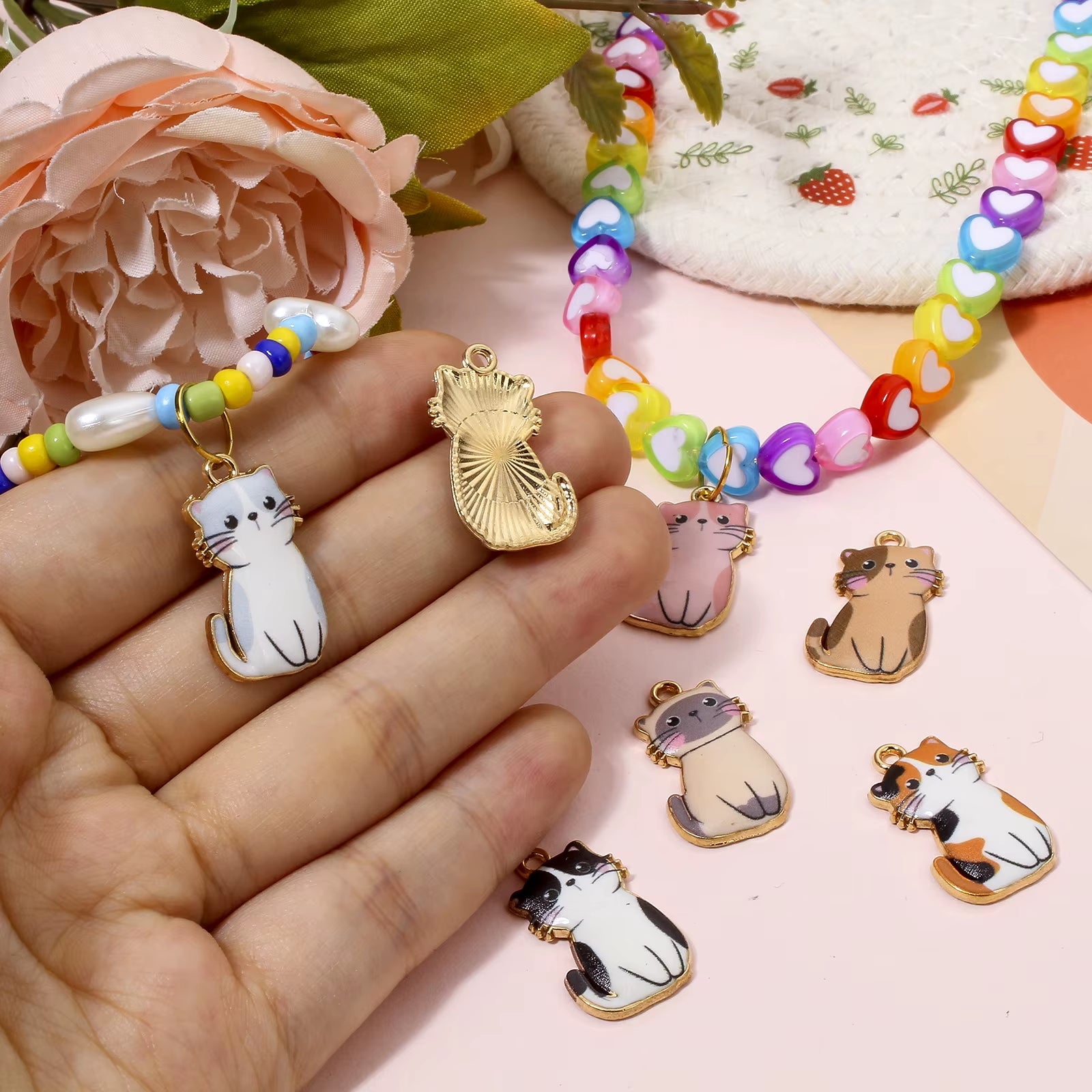 10 Pcs Cat Animal Animal Enamel Zinc Based Alloy Charms Gold Color Metal Pendants for DIY Jewelry Necklace Making 24Mm X 14Mm