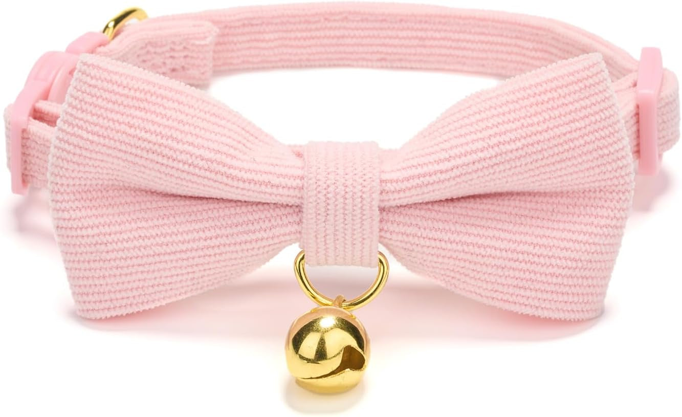 Cotton Breakaway Cat Collar with Bow Tie and Bell, Adjustable Cute Soft Corduroy Kitten Collars for Girl Cats
