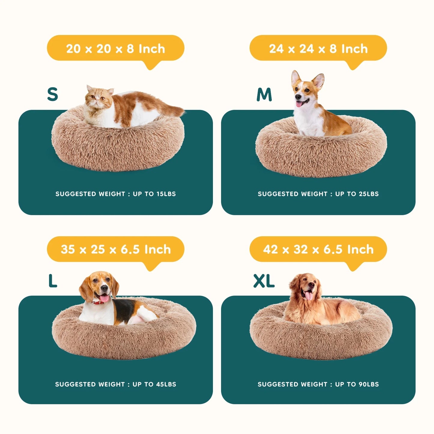 24 Inch Fluffy Donut Dog Bed for Small/Medium Dog, Medium Calming Pet Bed, Soft Plush, Anti-Anxiety, Machine Washable, Brown