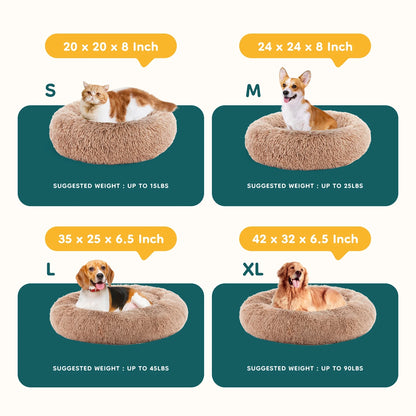 24 Inch Fluffy Donut Dog Bed for Small/Medium Dog, Medium Calming Pet Bed, Soft Plush, Anti-Anxiety, Machine Washable, Brown